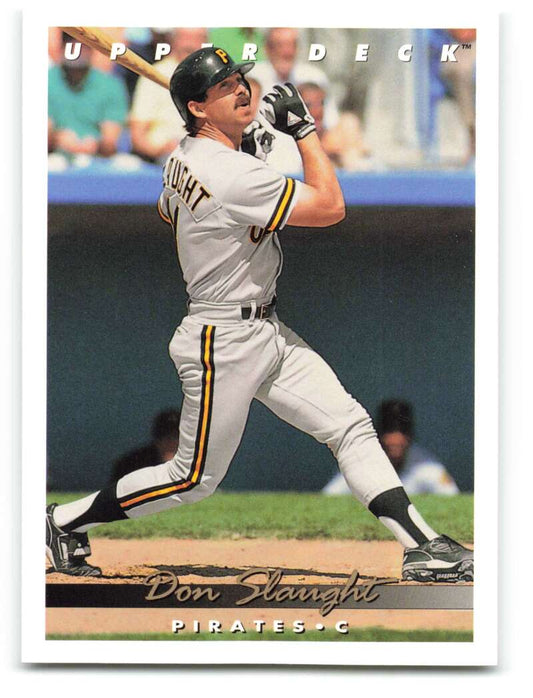 Baseball player Don Slaught swinging bat in Pittsburgh Pirates uniform, Upper Deck card