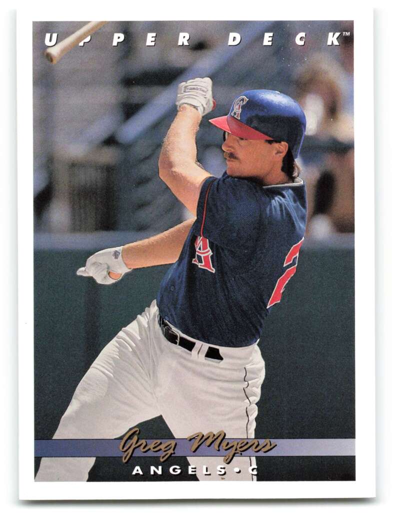 Baseball trading card of Greg Myers in dark navy uniform for California Angels