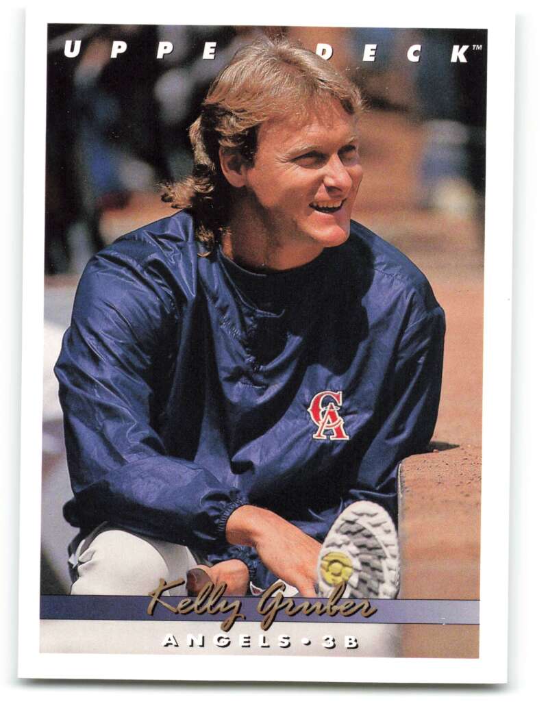 California Angels Baseball Card featuring Kelly Gruber in Upper Deck navy warmup jacket