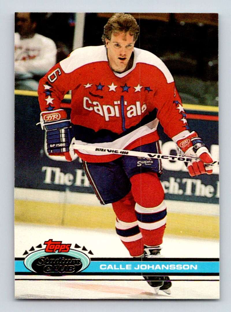 Hockey player in Washington Capitals jersey skating, featured on Topps Stadium Club card