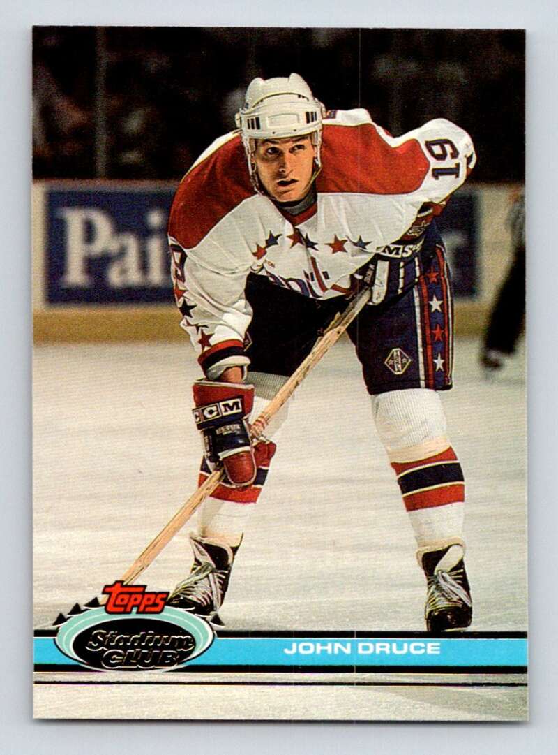 Hockey player John Druce in Washington Capitals uniform ready on the ice for hockey card