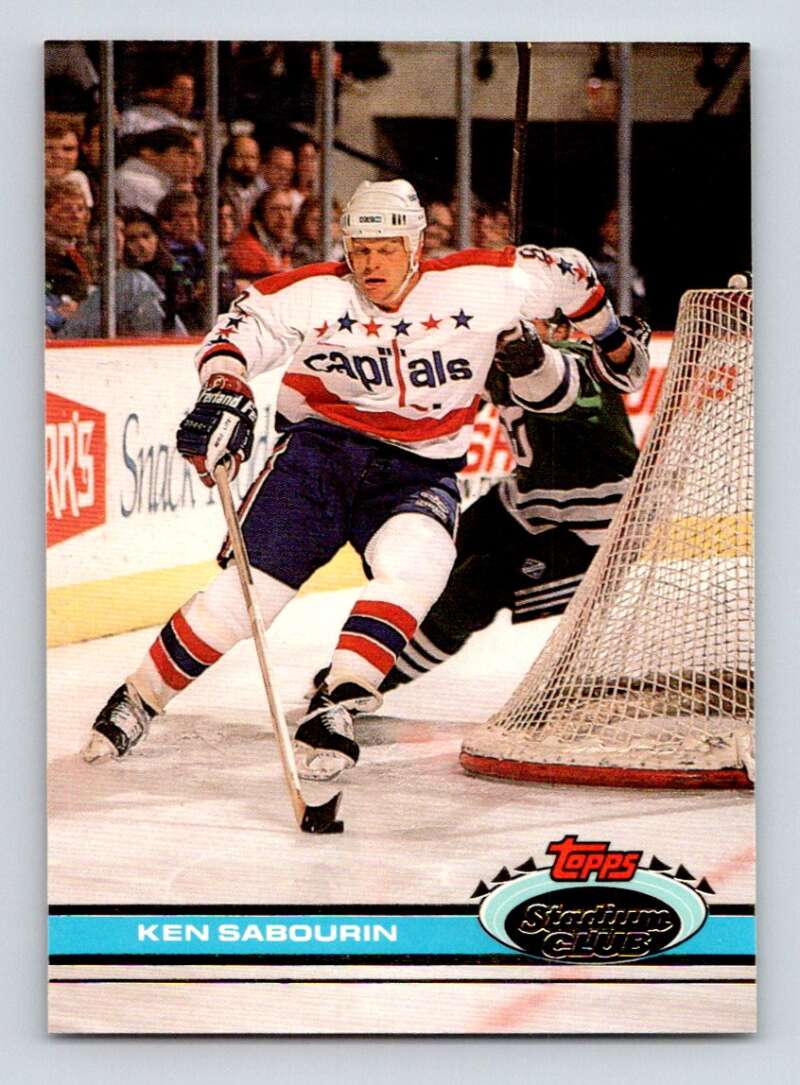 Hockey player in white Washington Capitals jersey near the goal, Ken Sabourin card