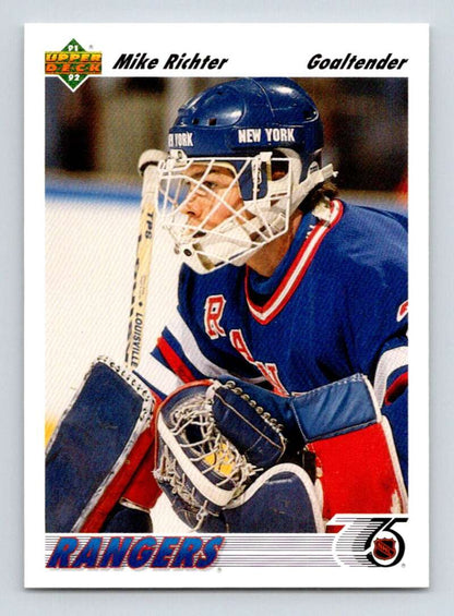 Mike Richter in New York Rangers uniform with blue helmet on Upper Deck hockey card