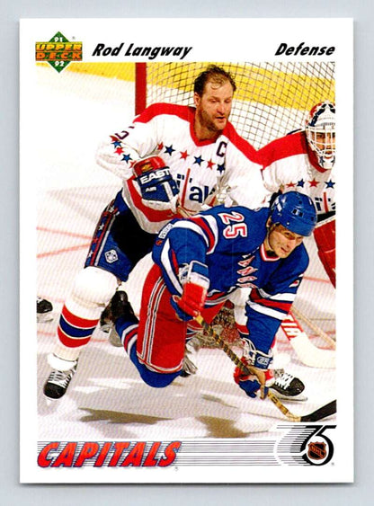 Hockey card featuring Rod Langway with Washington Capitals and New York Rangers players