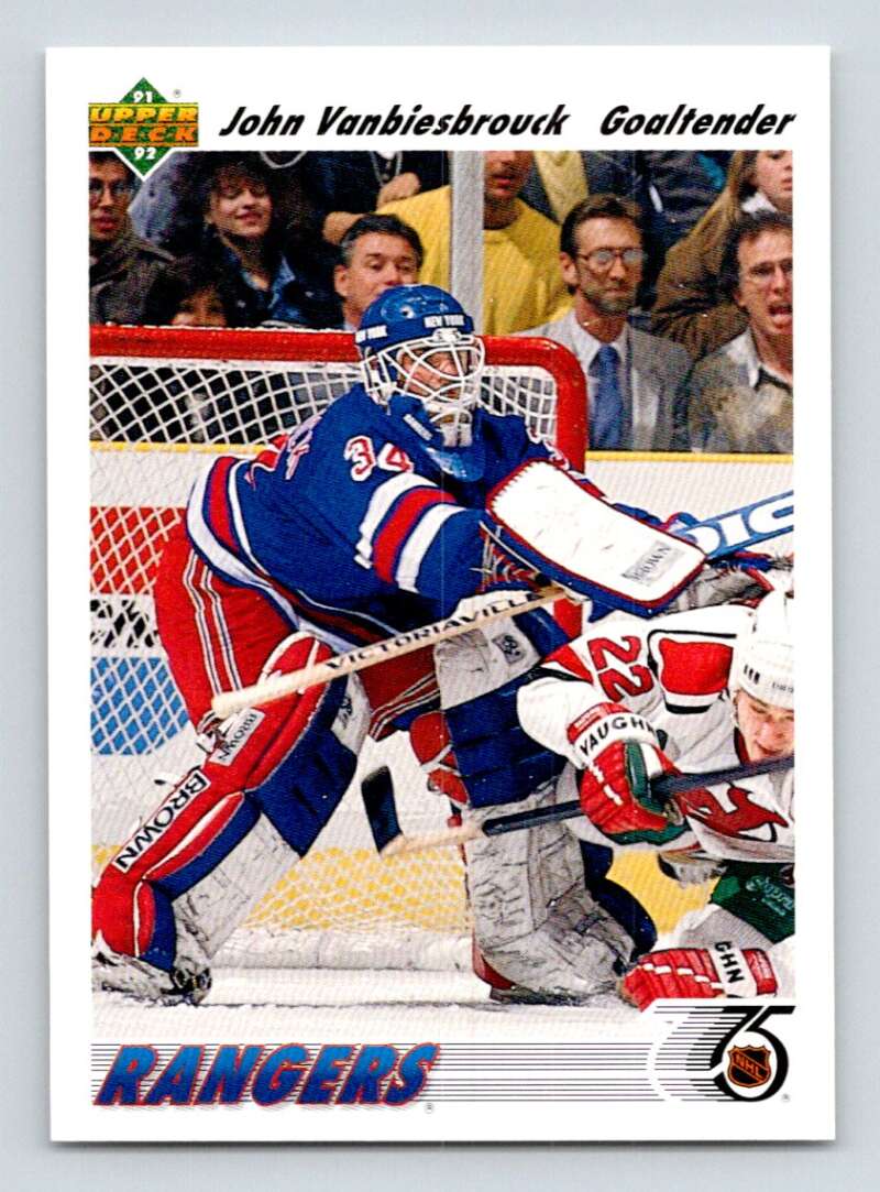 John Vanbiesbrouck in New York Rangers uniform making a save on Upper Deck card