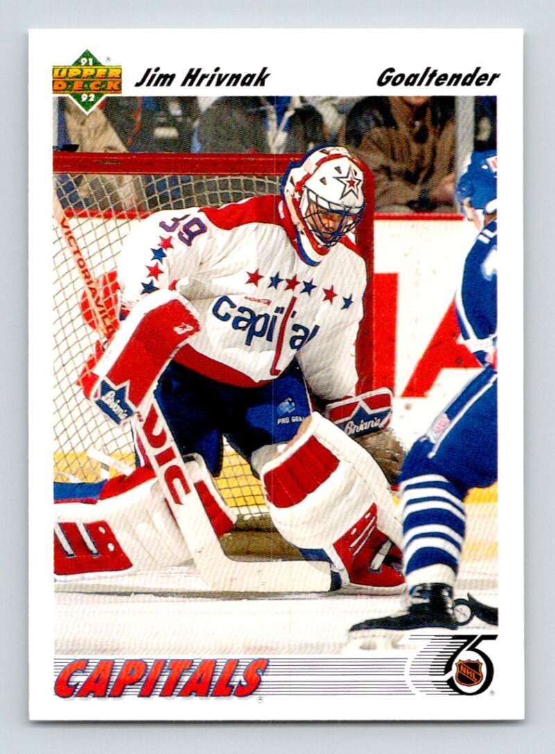 Jim Hrivnak in a white jersey and red pads for Washington Capitals hockey card artwork