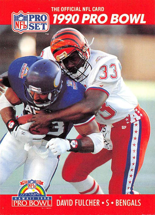 1990 Pro Set David Fulcher football card of Cincinnati Bengals player tackling opponent