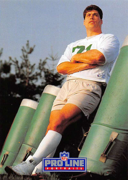 Football player in white jersey near goalposts on 1991 Pro Line Portraits New York Jets card