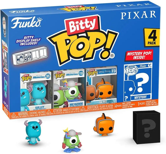 Funko Bitty Pop 4-pack featuring Disney Pixar Sulley, Mike Wazowski, Nemo, and mystery figure