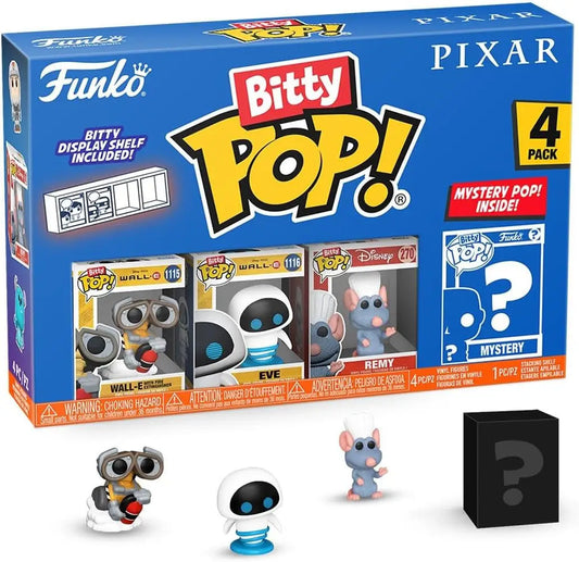 Funko Bitty Pop Disney Pixar 4-pack features Wall-E, Eve, Remy, and mystery Bitty Pop