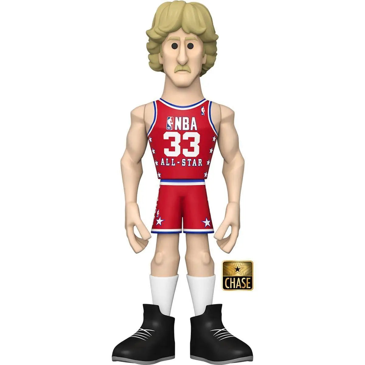 Cartoon vinyl figure of NBA player in red jersey, Funko Gold Larry Bird collectible