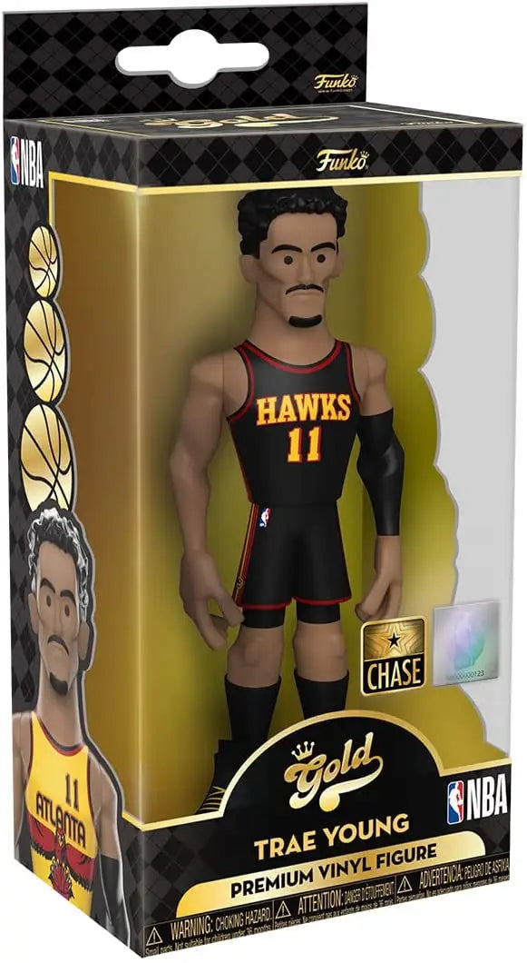 Basketball player action figure in black Hawks jersey, a premium vinyl figure of Trae Young