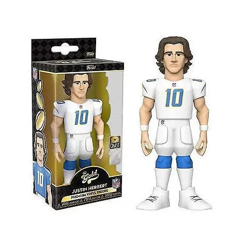 Action figure of NFL quarterback Justin Herbert in white uniform, premium vinyl figure