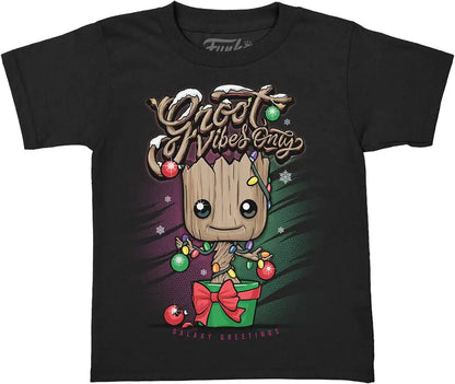 Black Funko Pop T-shirt with cartoon Groot, Christmas ornaments, and Good Vibes Only text