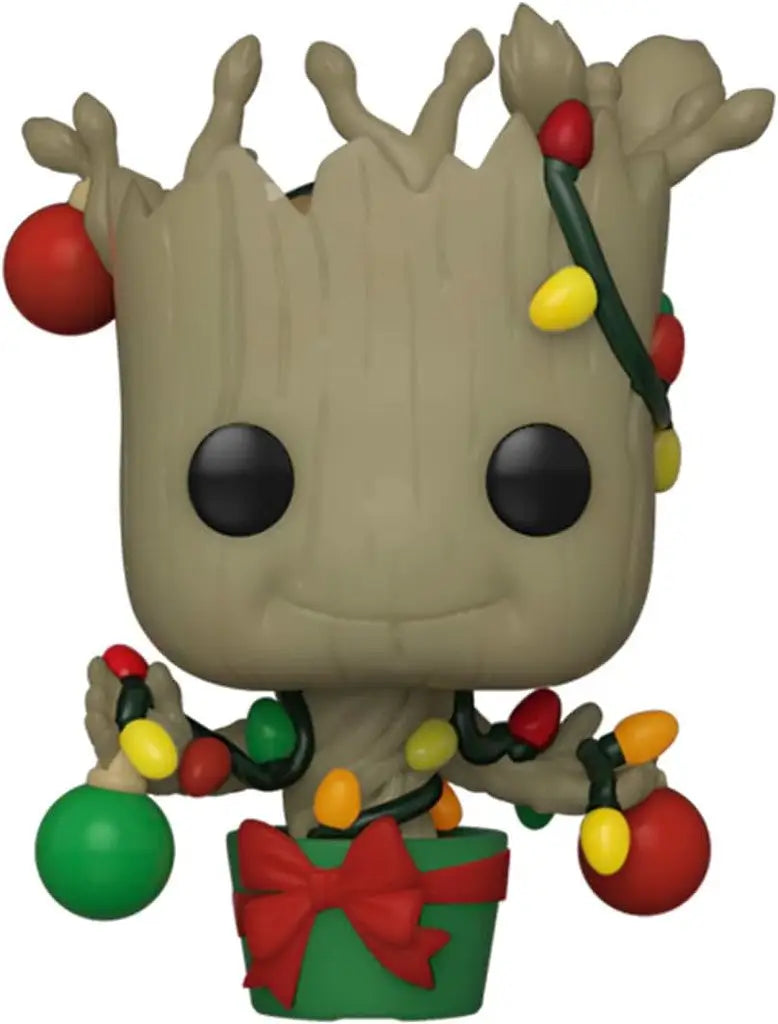 Cartoon-style Groot figurine with Christmas lights for Funko Pop Tees Holiday collection