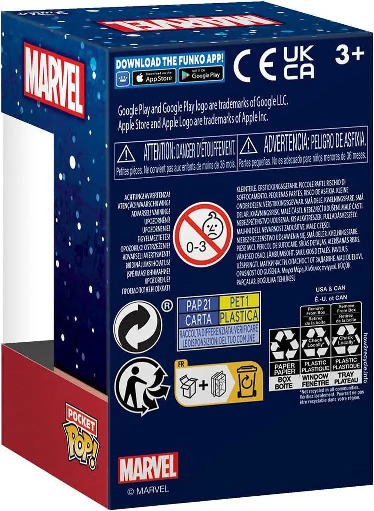 Marvel-branded Funko Pocket Pop Tees box featuring Groot T-Shirt safety info