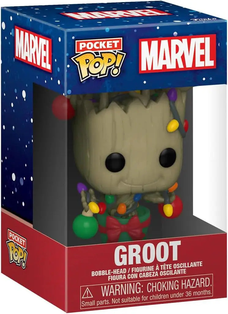 Funko Pop figurine of Groot in colorful Christmas lights on Marvel Holiday pop tees