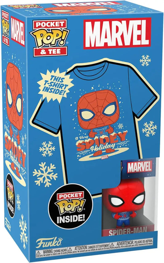 Blue Spider-Man face t-shirt with snowflakes and Pocket Pop figure for Funko Pop Tees