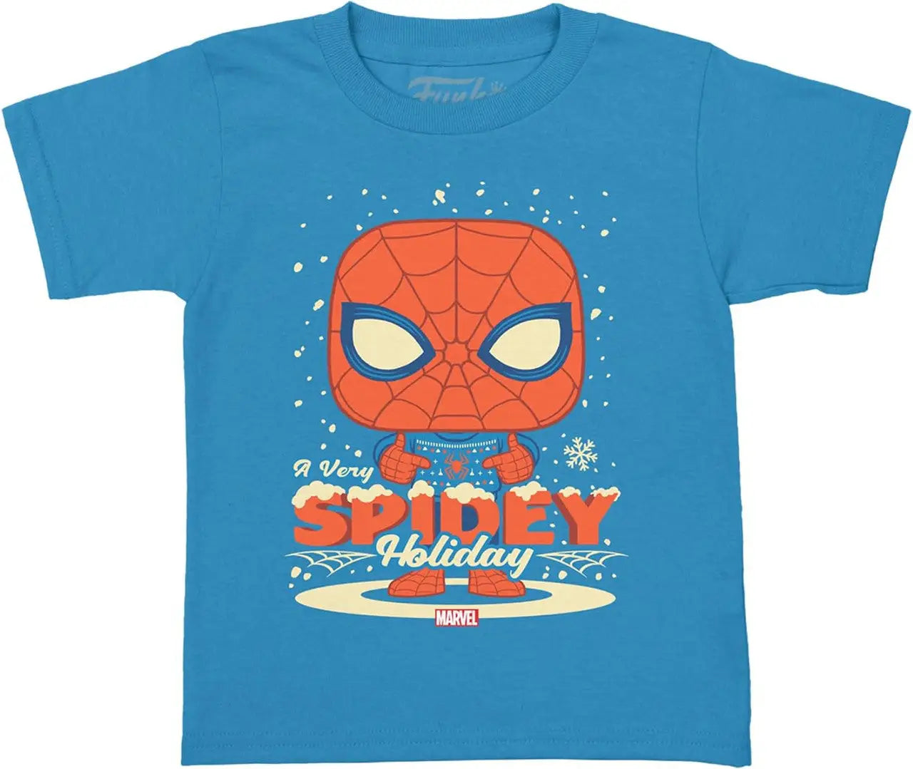 Blue Funko Pocket Pop Tees Marvel Holiday Spider-Man T-Shirt with cartoon design