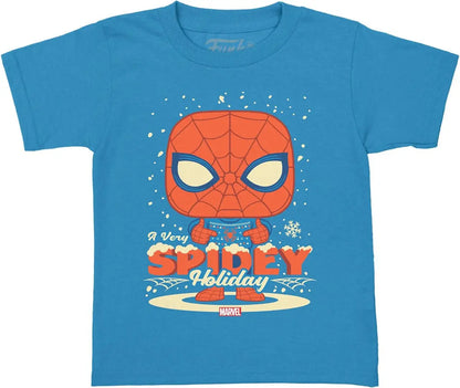 Blue Funko Pocket Pop Tees Marvel Holiday Spider-Man T-Shirt with cartoon design