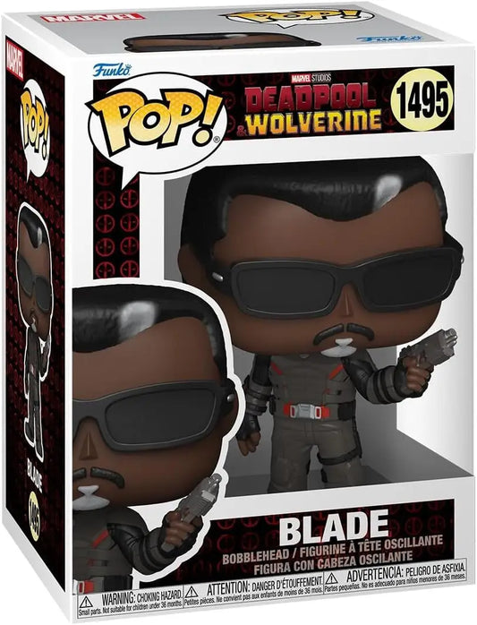 Funko Pop Marvel figure of Blade with sunglasses and weapon from Deadpool Wolverine series