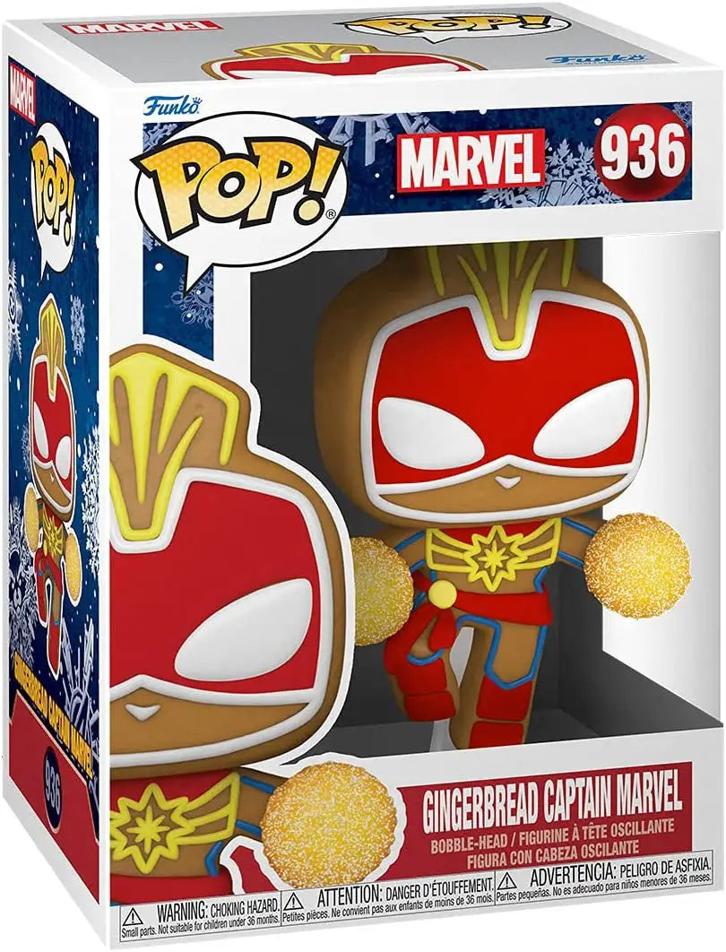 Funko Pop Marvel Holiday Gingerbread Captain Marvel figurine in festive attire