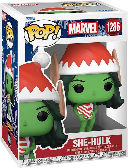 Funko Pop Marvel Holiday She-Hulk #1286 in Santa hat holding candy cane for Christmas