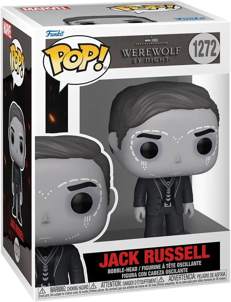 Funko Pop Marvel Werewolf By Night Jack Russell vinyl figure in grayscale coloring