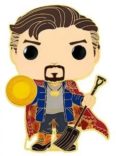 Stylized Funko Pop Pin Doctor Strange figurine with golden disc and staff