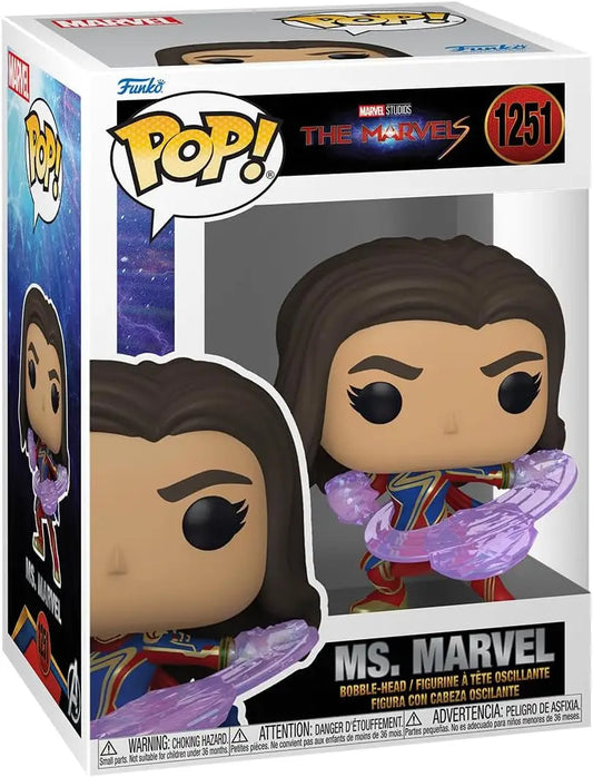 Funko Pop Ms. Marvel #1251 from The Marvels with energy effects, great for collectors of trading cards