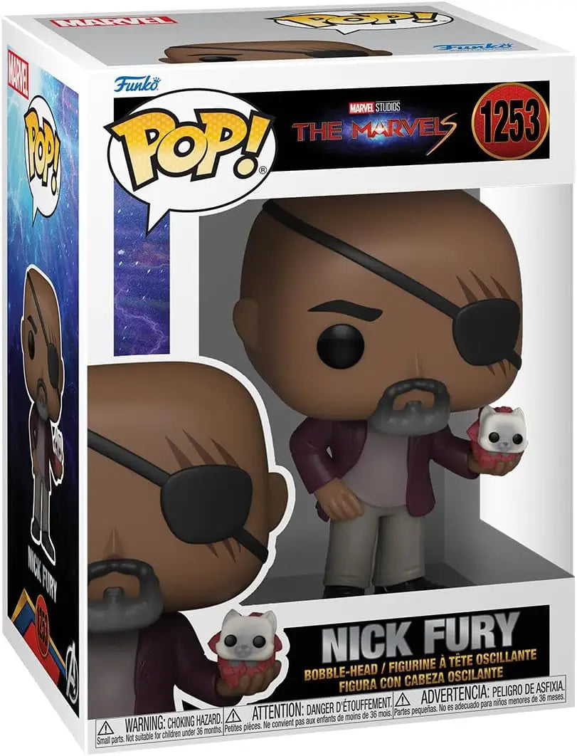 Funko Pop! Nick Fury #1253 vinyl figure from The Marvels, holding a small creature