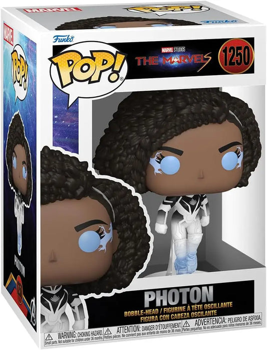 Funko Pop! The Marvels Photon #1250 figure with curly hair, blue eyes, and white costume