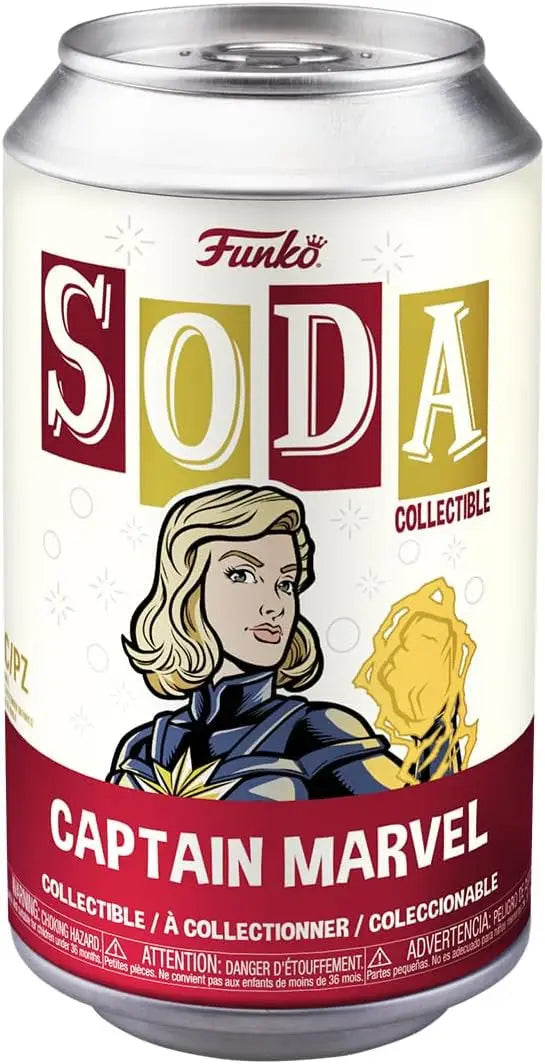 Funko Soda collectible can featuring Marvel Captain Marvel in red, gold, and white design