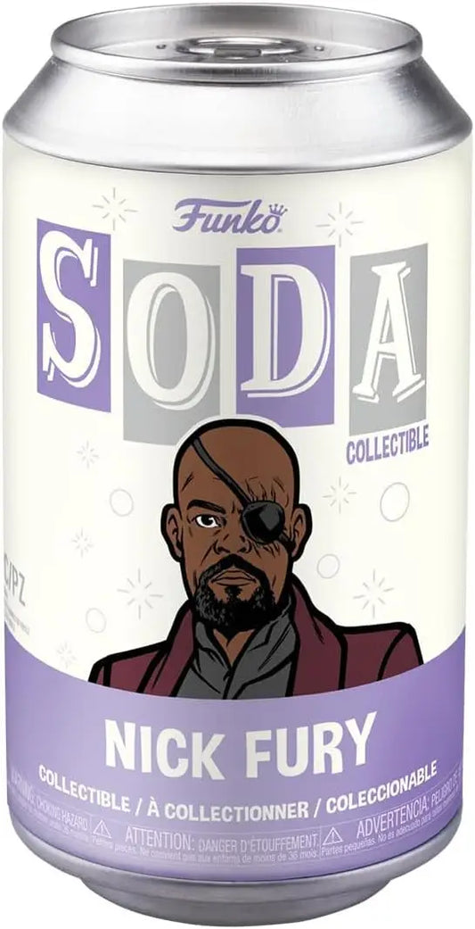 Funko Soda Marvel Nick Fury collectible can in purple and silver design, sealed