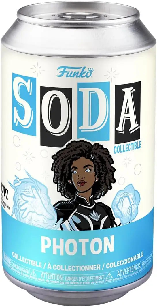 Funko Soda can featuring Marvel Photon collectible character in blue and white design