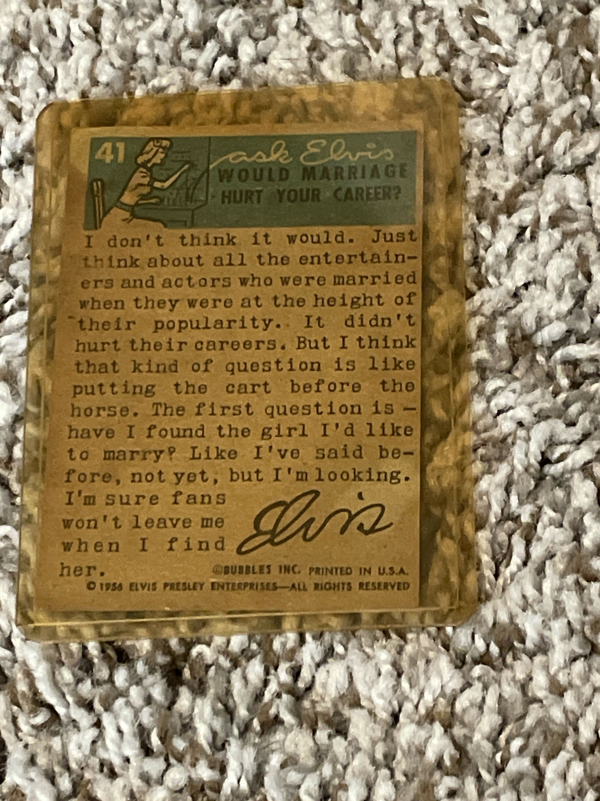 Vintage note on 1956 Topps Elvis Presley #41 trading card discussing marriage details