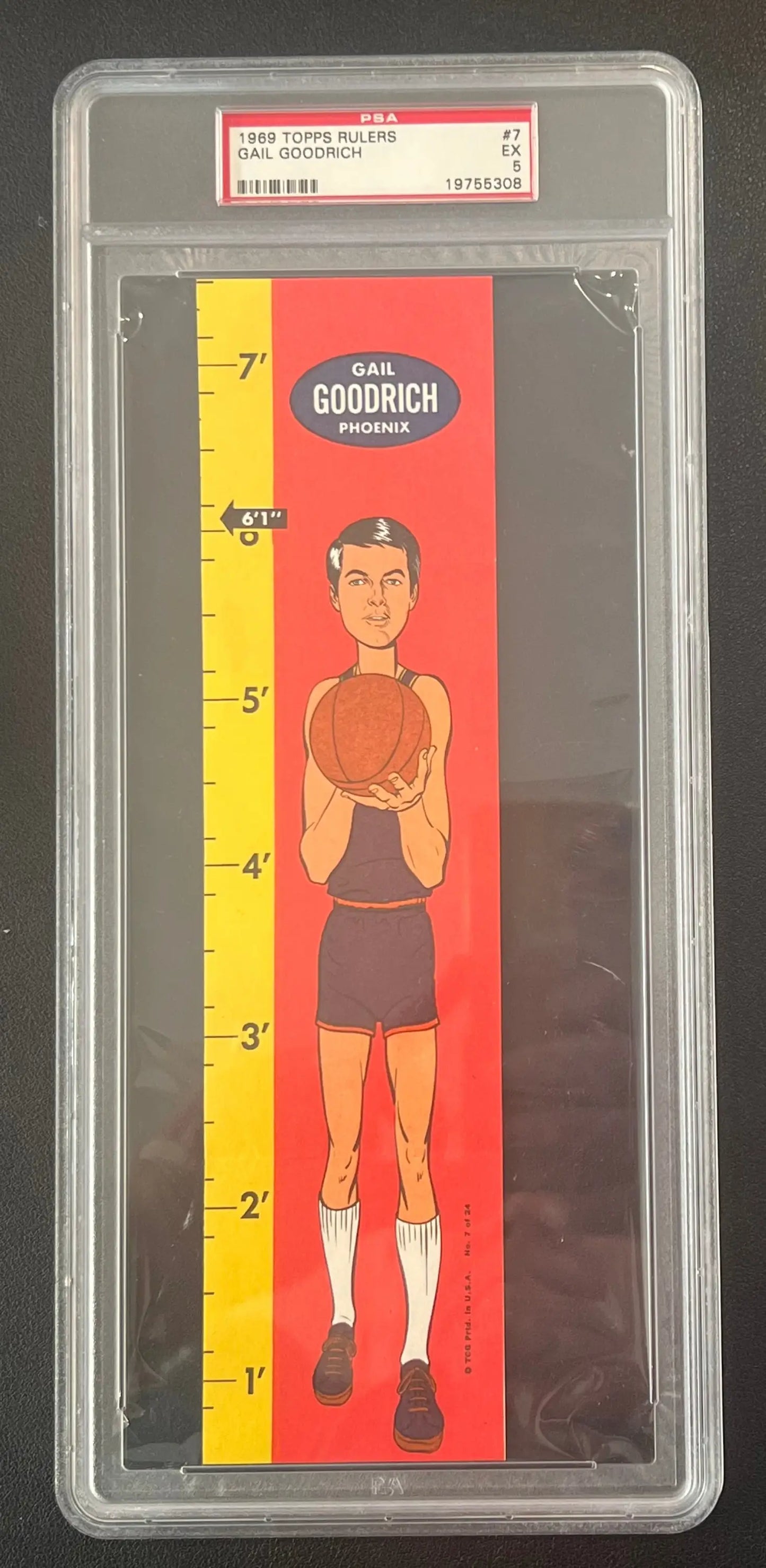 Gail Goodrich 1969 Topps Rulers card with height chart on red background for Columbia Hobby