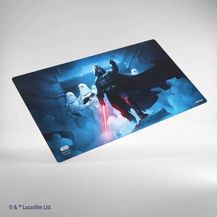 Star Wars game mat featuring a lightsaber battle scene with Darth Vader