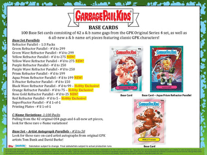 Checklist and price guide for Garbage Pail Kids trading cards with sample images