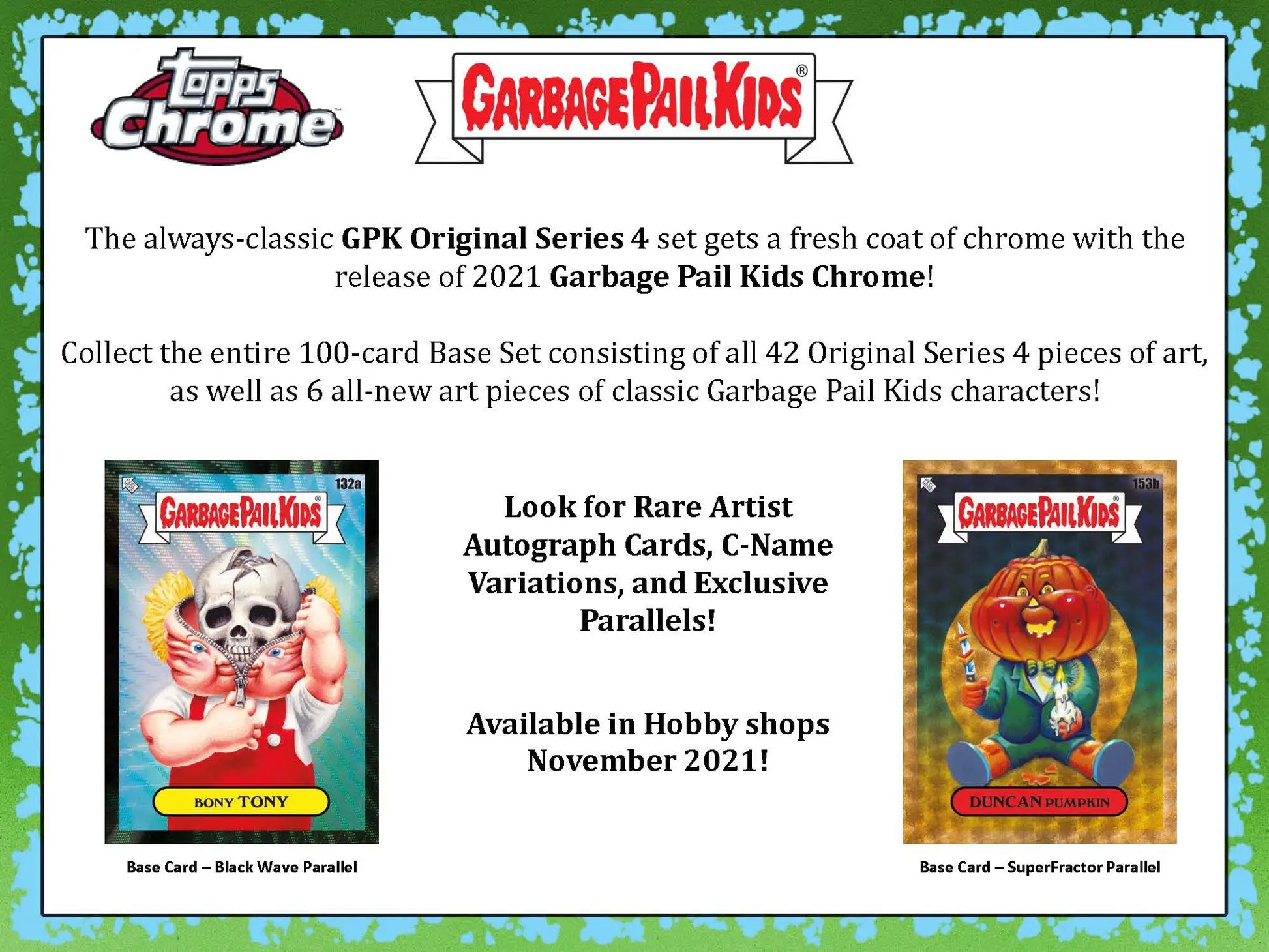 Advertisement for Garbage Pail Kids Chrome trading cards with colorful character illustrations