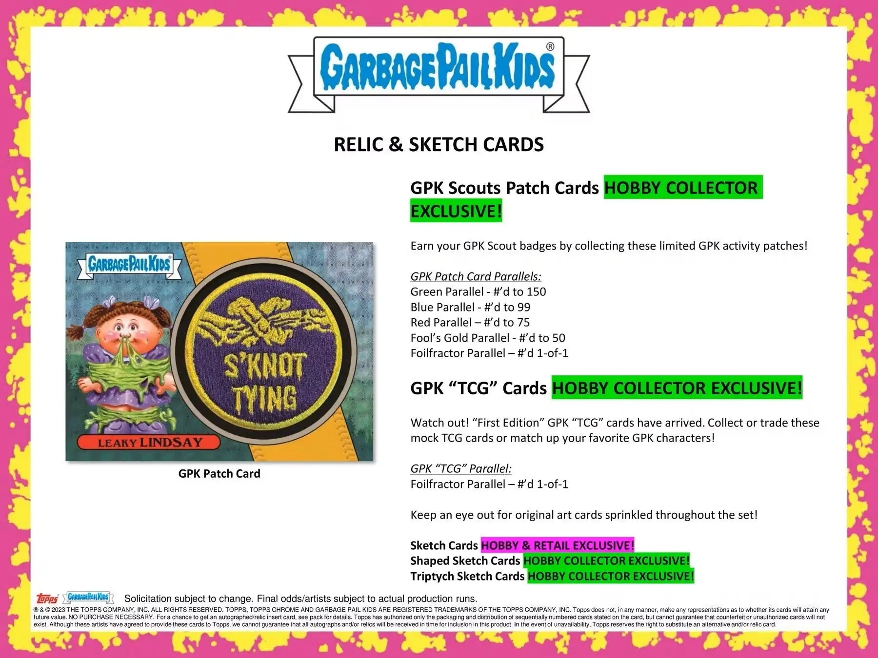 Garbage Pail Kids relic and sketch cards promotional ad for hobby collector exclusive box