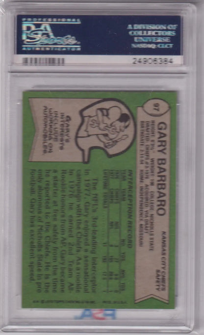 PSA-graded Gary Barbaro 1978 Topps baseball card in protective case, Kansas City Chiefs green back