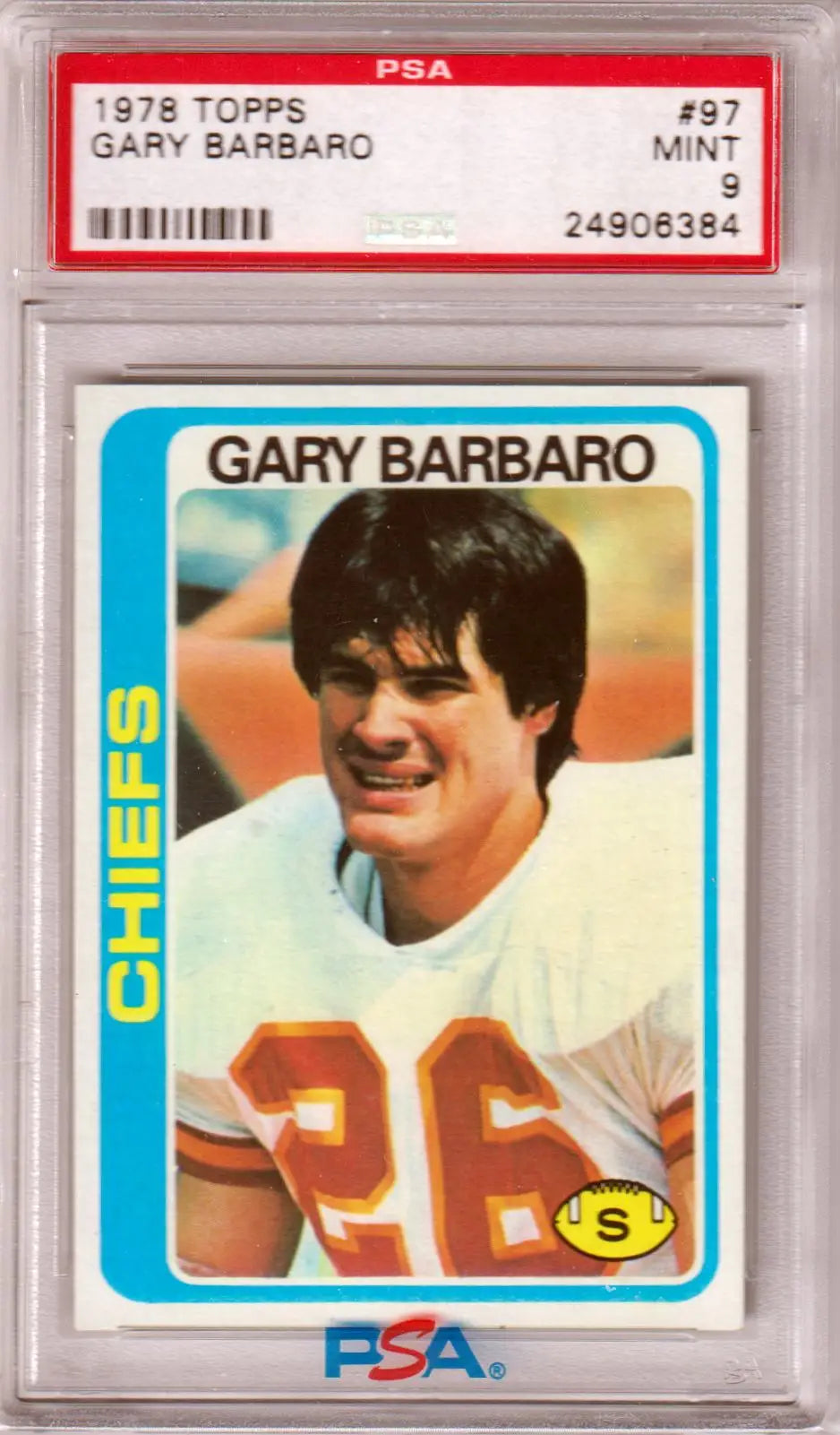 PSA-graded 1978 Topps football card of Gary Barbaro, Kansas City Chiefs jersey number 26