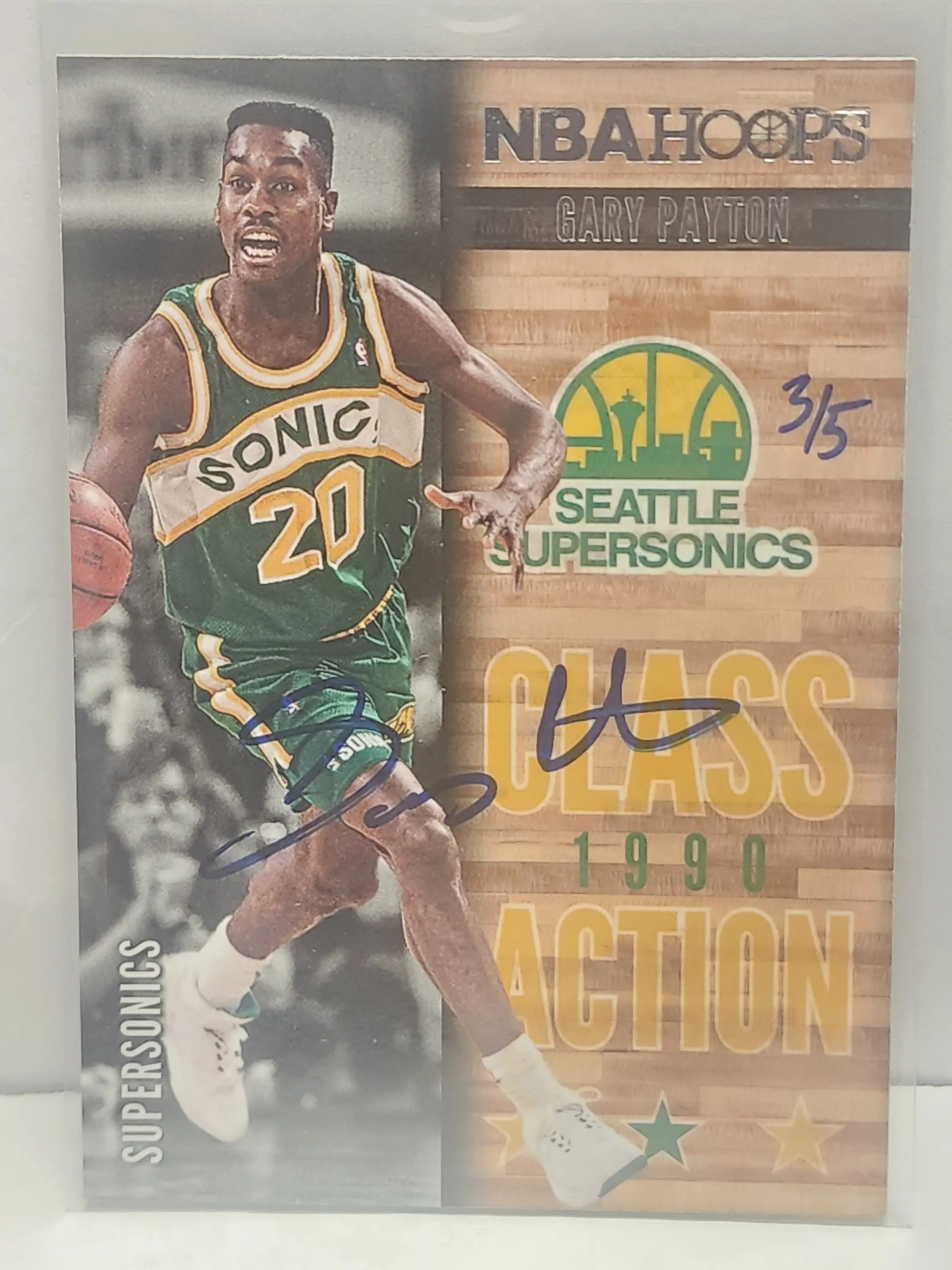 Gary Payton 2013 Panini Hoops Buyback Auto #3/5 Seattle SuperSonics card in green jersey