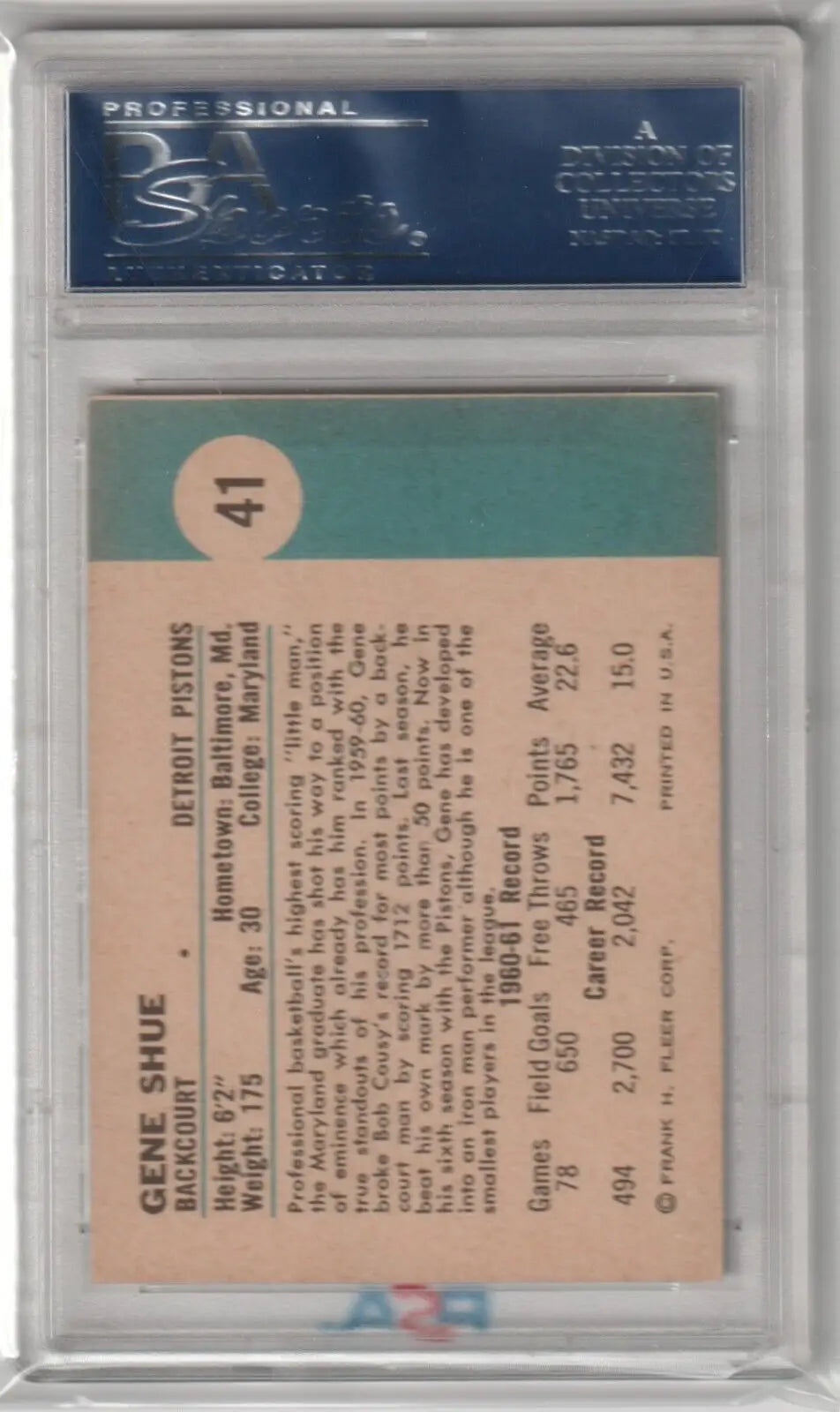 Vintage GENE SHUE 1961-62 Fleer #41 PSA 6 EX-MT baseball card in protective holder