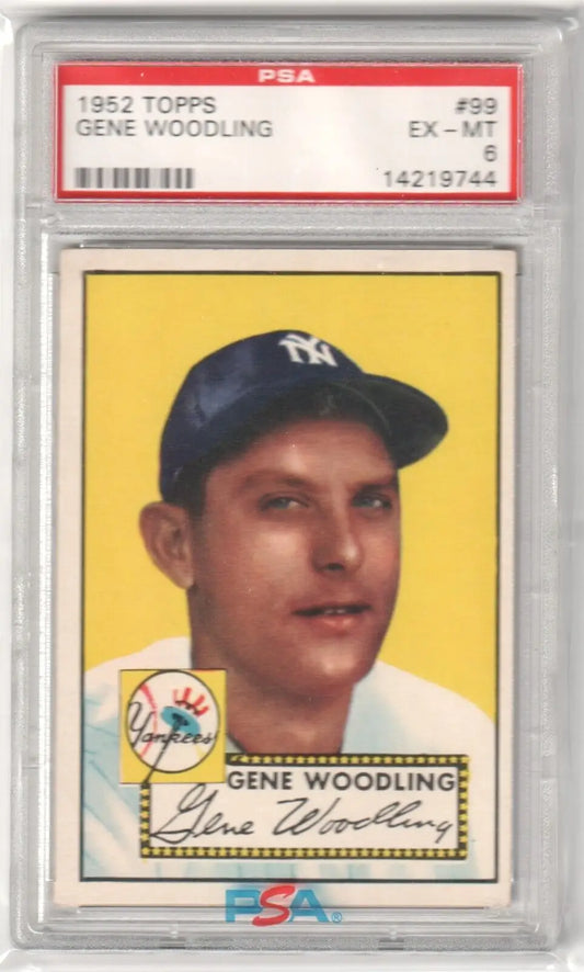 PSA-graded 1952 Topps Yankees card of Gene Woodling in navy cap on yellow background