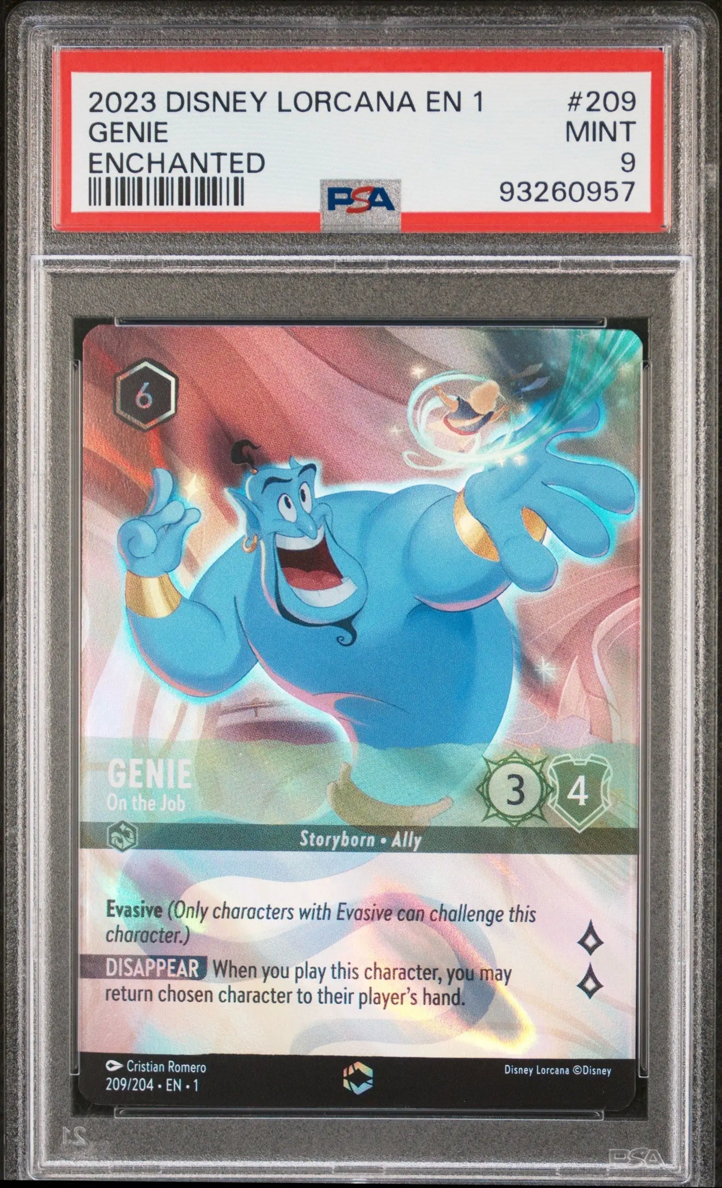 PSA-graded Disney Lorcana Enchanted card featuring Genie in holographic finish