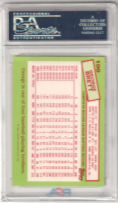 PSA-graded George Brett 1985 Topps Tiffany #100 baseball card with stats on reverse