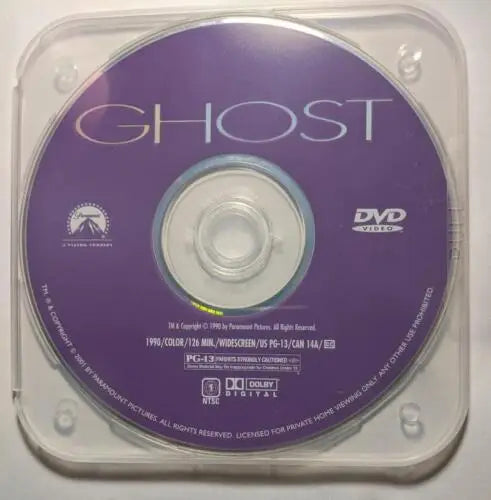 Ghost DVD featuring Patrick Swayze, Demi Moore, and Whoopi Goldberg in clear case