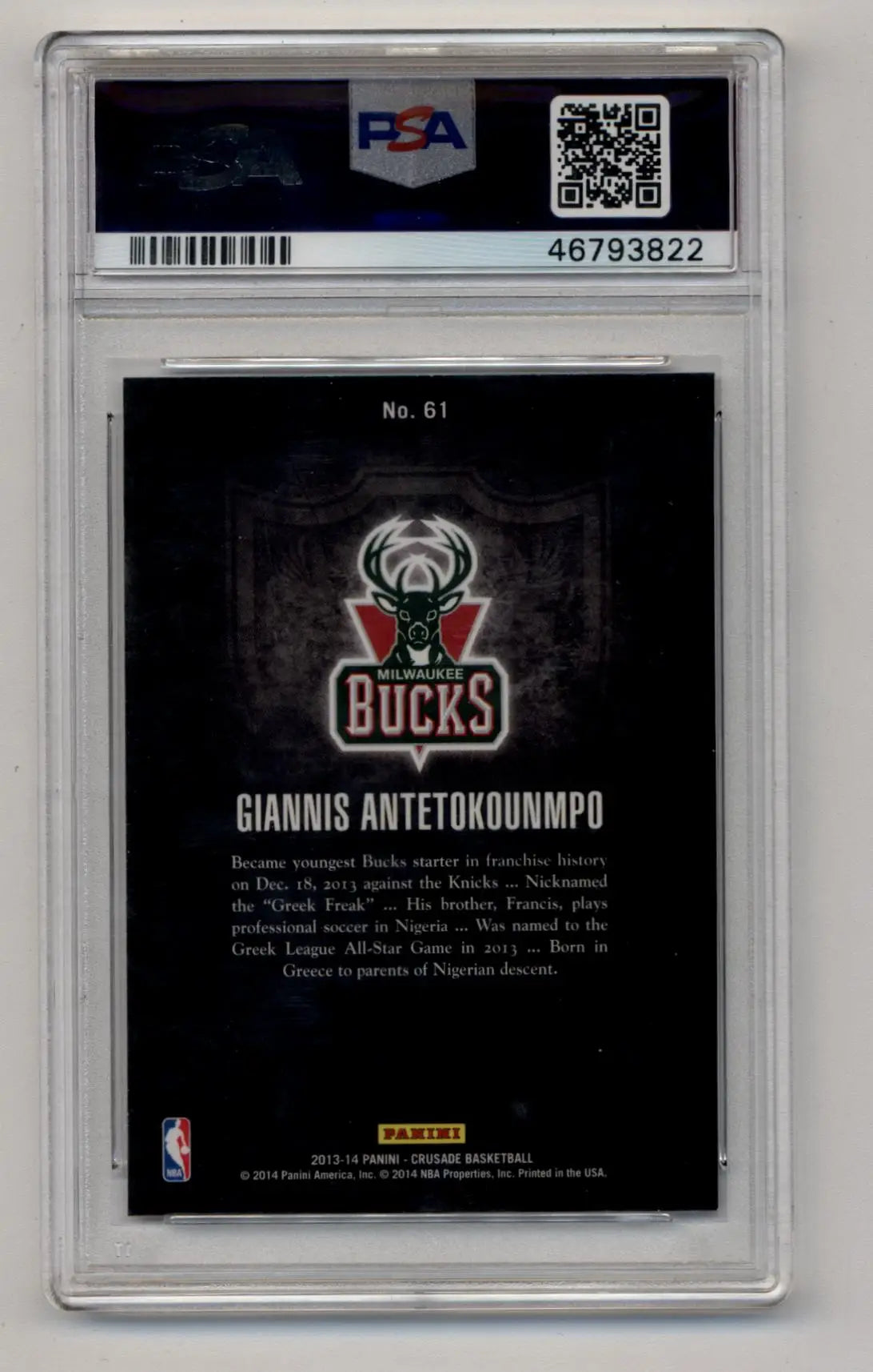 PSA-graded Giannis Antetokounmpo 2013-14 Crusade Blue card in Gem Mint condition